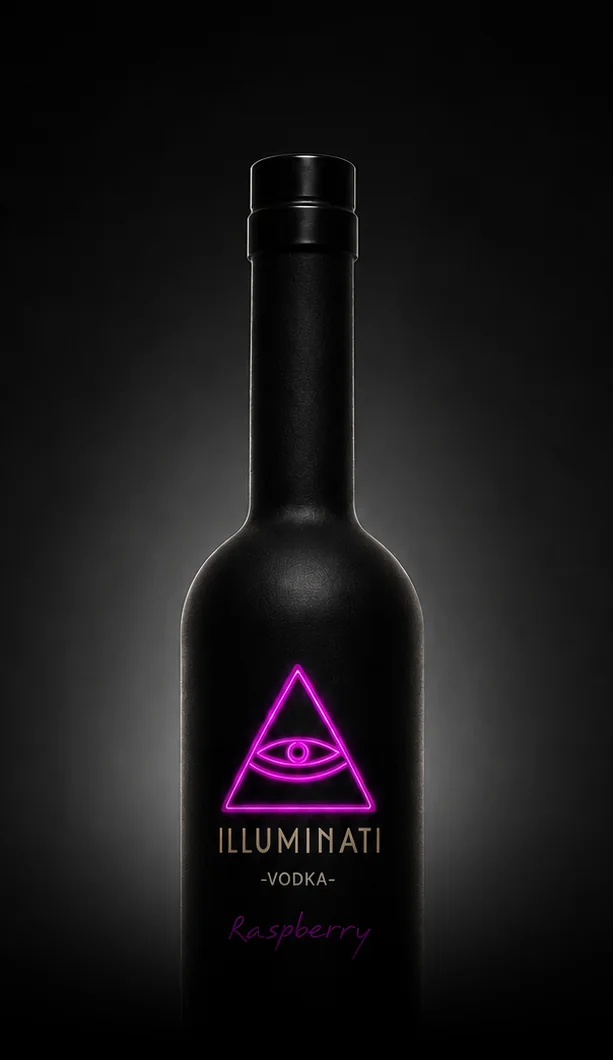 Illuminati Vodka Raspberry 70cl: a matte black bottle with a glowing pink eye in a triangle